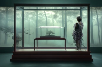 一位站在森林里黑暗房间里的桌子前的女人