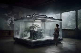 一个站在鱼缸旁边的女人