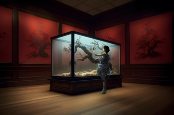 一个站在带有鱼缸和墙上画的女性