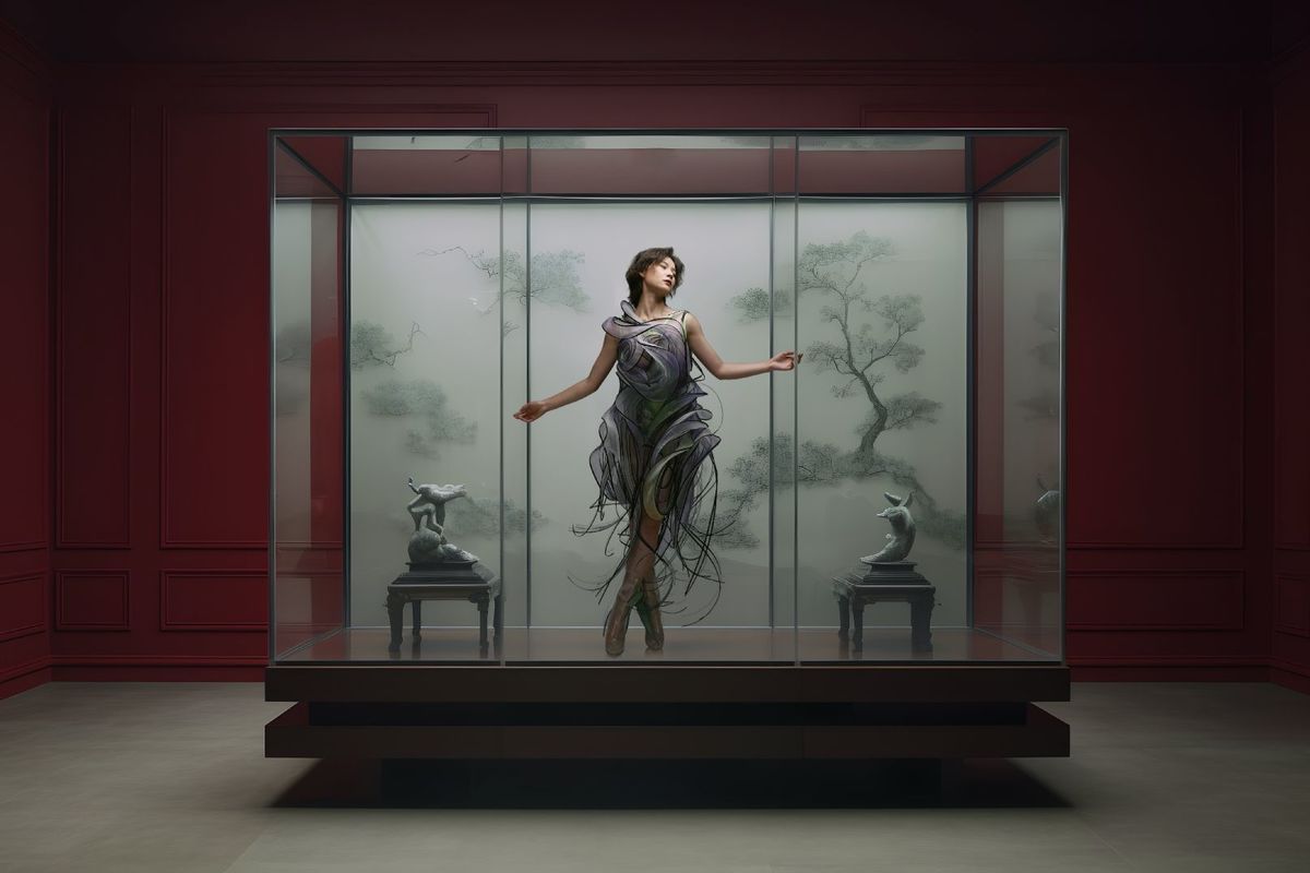 一位穿着连衣裙的女人站在一个玻璃箱子里
