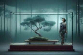 一幅女人站在长凳上的森林中的画