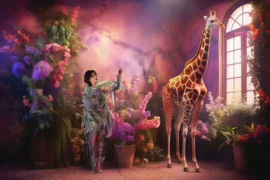 a painting of a woman standing next to a giraffe