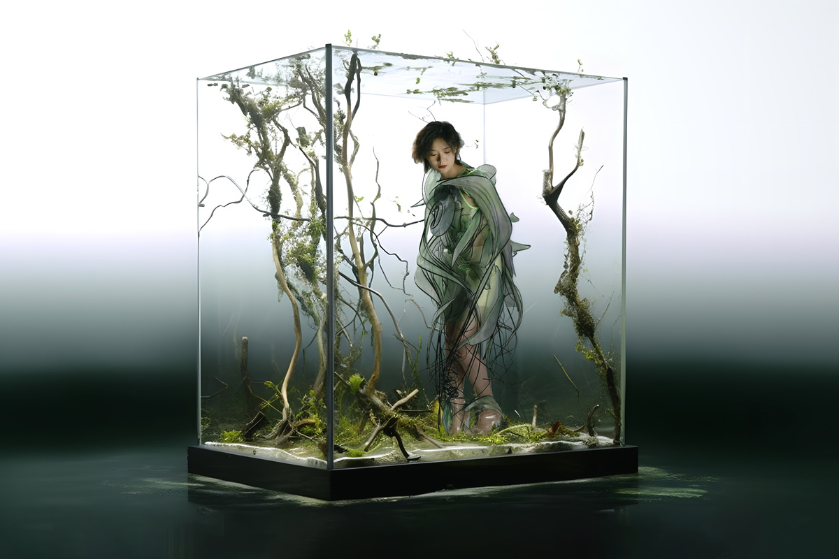 一个站在带植物的玻璃箱内的女人