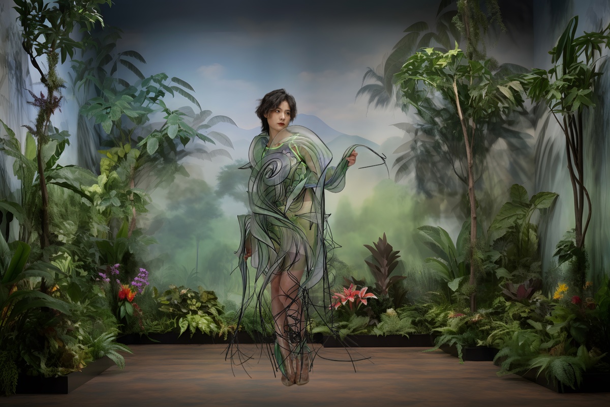 一位模特穿着来自古驰2020年春夏系列植物制成的裙子走秀。