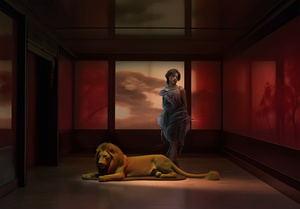 一幅女人站在一个房间里的画作 一只大狗躺在地上