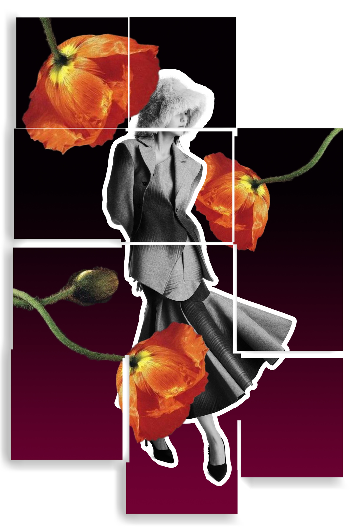 一幅女人与红花的照片拼贴