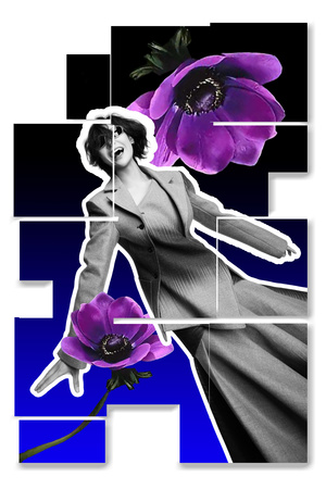 一位穿着西装的女士 holding 一朵紫色花的多张照片的拼贴