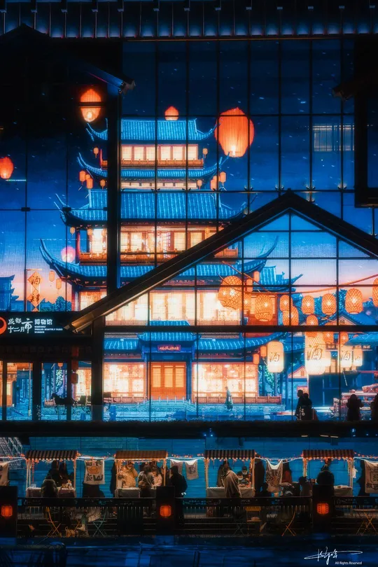 城市中的一个餐厅夜晚被灯笼照亮