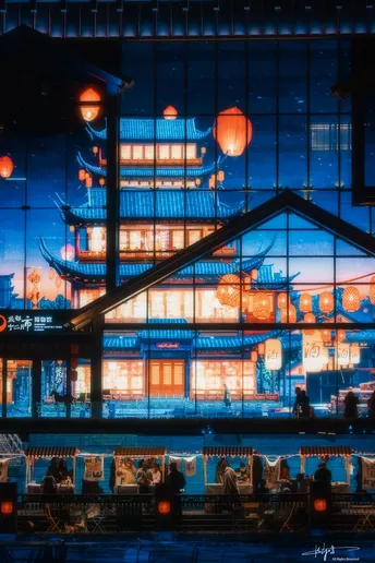 城市中的一个餐厅夜晚被灯笼照亮