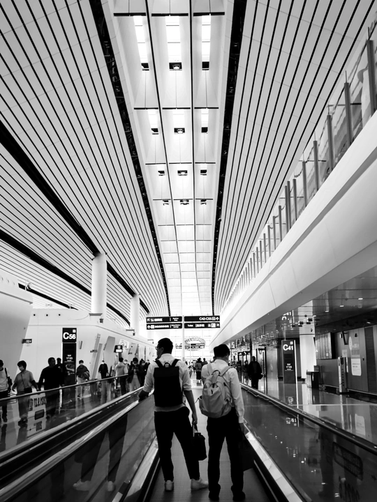 一张黑白照片 人们在机场的自动扶梯上行走