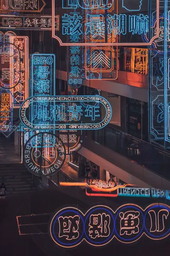 夜晚的城市 建筑物上挂着霓虹灯