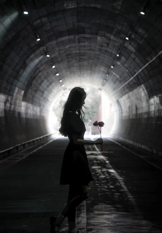 一位年轻女子手持一朵花站在一个黑暗的隧道里