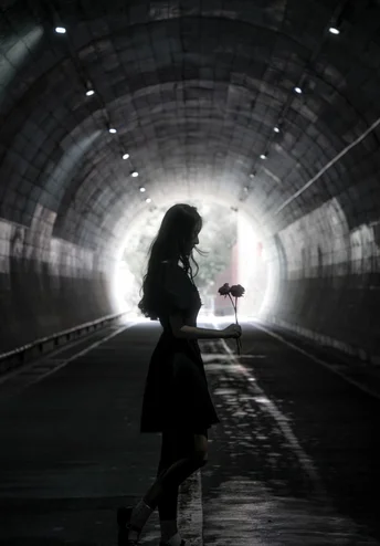 一位年轻女子手持一朵花站在一个黑暗的隧道里
