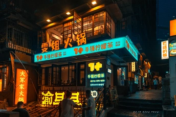 夜晚繁忙的街道 人们和霓虹灯