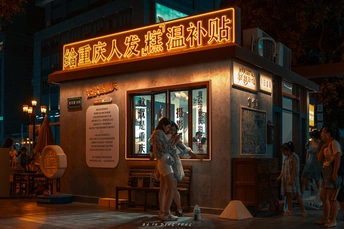 一些人站在一个小型建筑物外面晚上