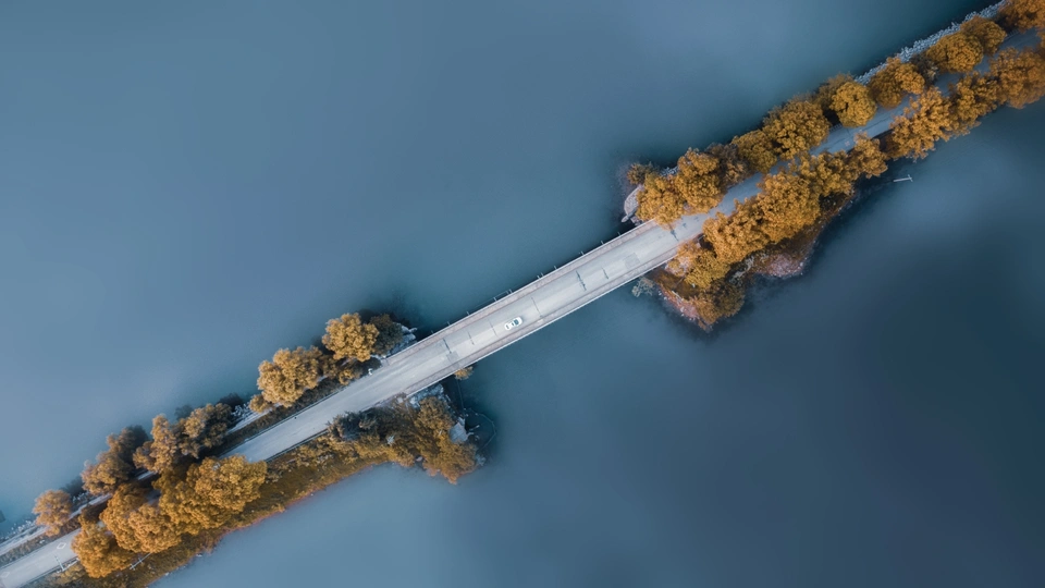 碧海蓝天下的森林环绕的空中公路