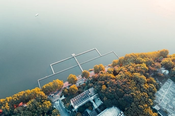 环绕着树木的堤坝的空中视角