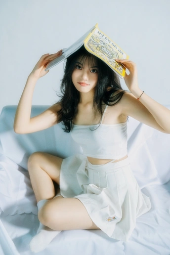 一个年轻的女人坐在床上 头上顶着一本书