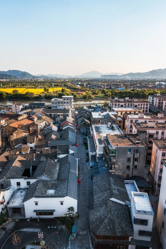 从镇上建筑的屋顶俯瞰