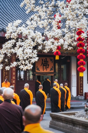 橙色僧袍的僧人在寺庙前面行走