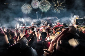 观看烟花表演的大型人群在音乐会现场