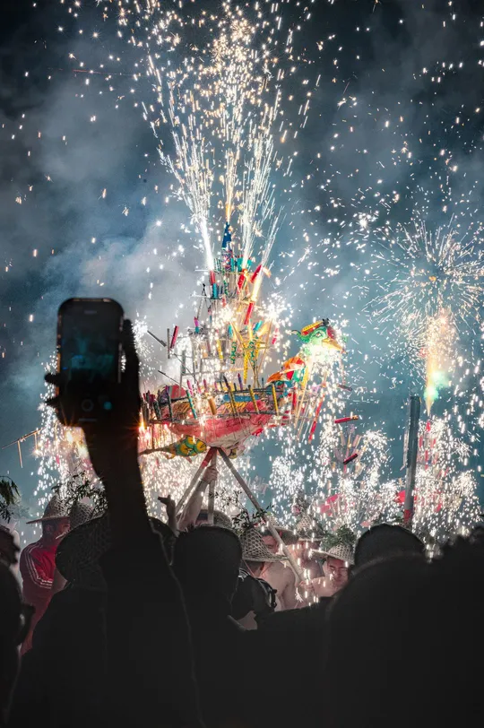 人群观看烟花表演并使用手机拍照。