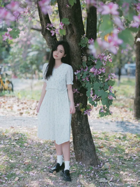 站在开满花的树下的穿着白裙子的年轻女子