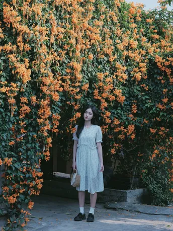 站在一棵有橙色花朵的树前的穿着连衣裙的年轻女子