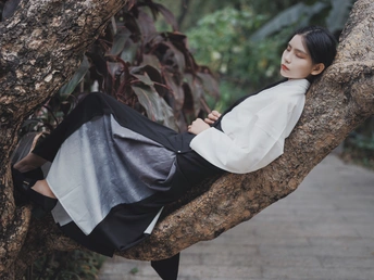 一位穿着黑色衣服的年轻女子在树枝上摆姿势