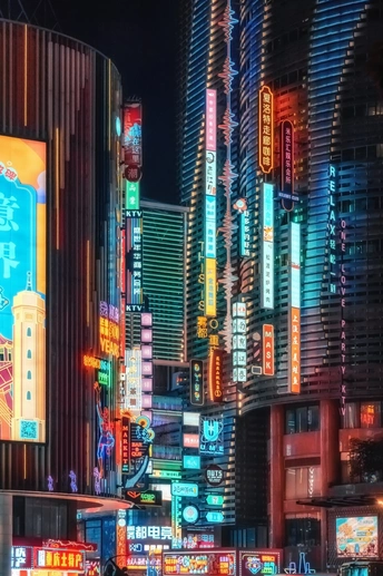 夜晚的城市 高大的建筑 明亮的标志