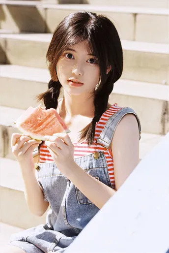 一个年轻女子坐在台阶上吃西瓜。