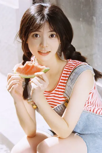 一个年轻女子抱着一个西瓜坐在地上