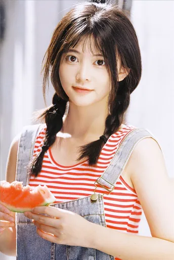 一位年轻女子拿着一块西瓜