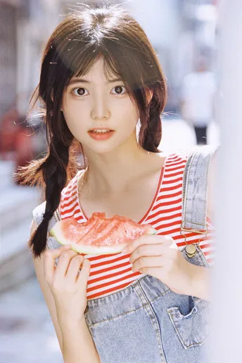 一位女士拿着一块西瓜