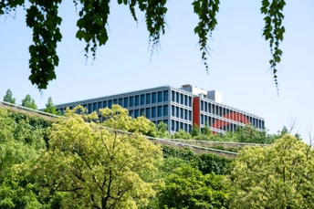 山坡上有一座大型建筑 前面有绿色的树木。