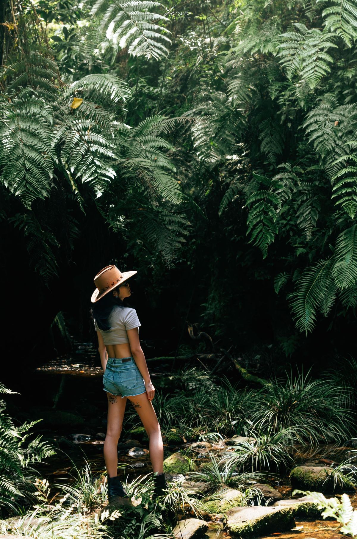 一位戴帽子的女士站在森林里 注视着水流。