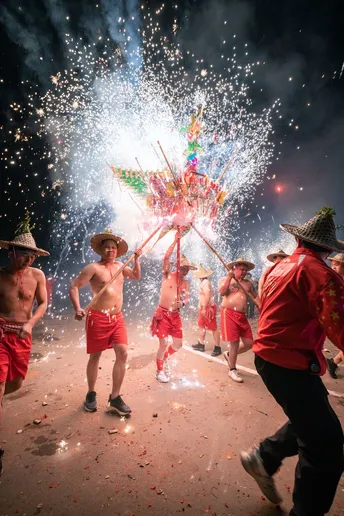 一些人在节日上的烟花表演前跳舞