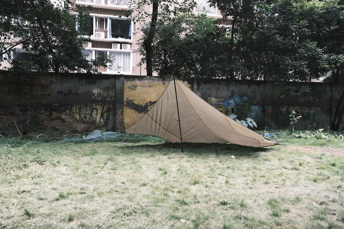 在一座绿树成荫的老建筑前的草地上搭起的帐篷