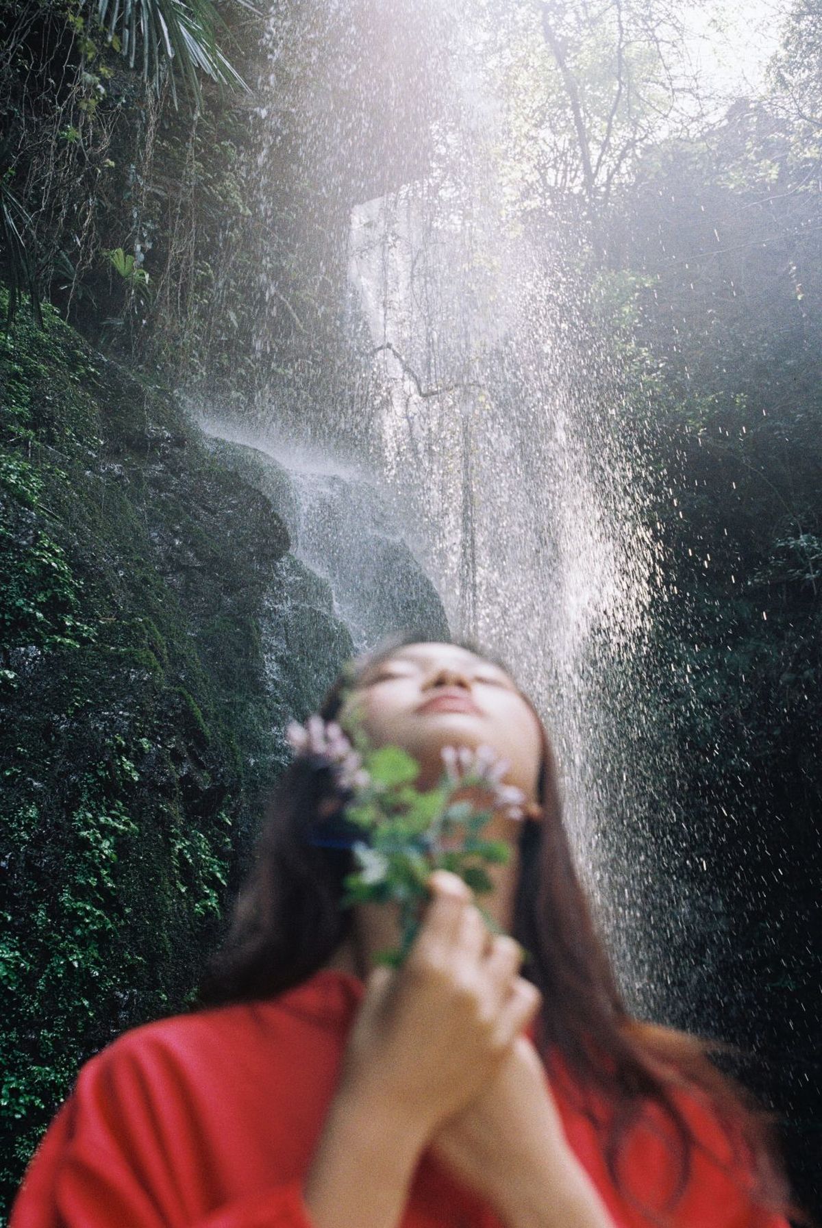 一位女子在森林中的瀑布前举起一朵花对着自己的脸 水花溅在她的脸上。