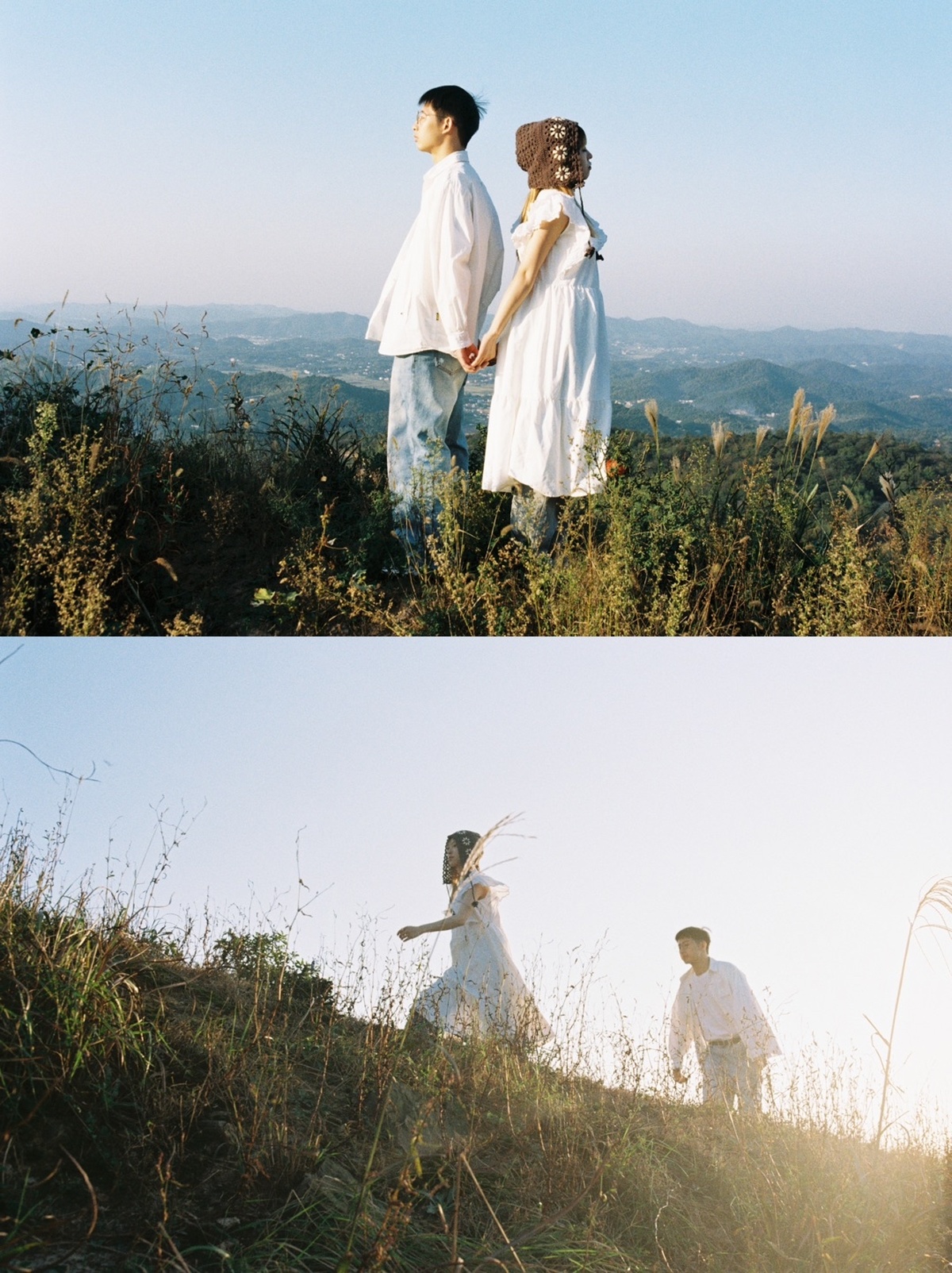 一个人和一个女人站在山顶上 背景是山脉 一个穿着连衣裙的女人正在牵着另一个女人的手走下山。