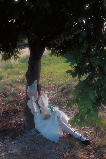 一个穿着白色连衣裙的女人坐在树荫下