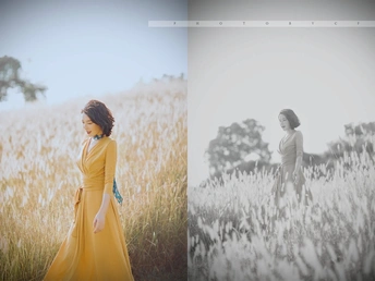 一位穿着黄色连衣裙站在田野里的女人