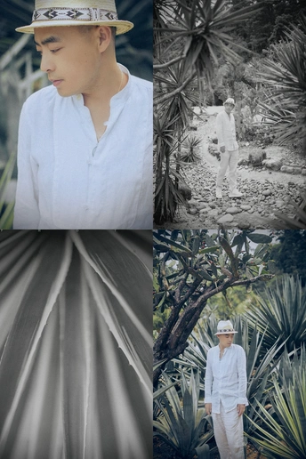一组照片 展示一个穿白衬衫和帽子站在沙漠中的男人的场景。