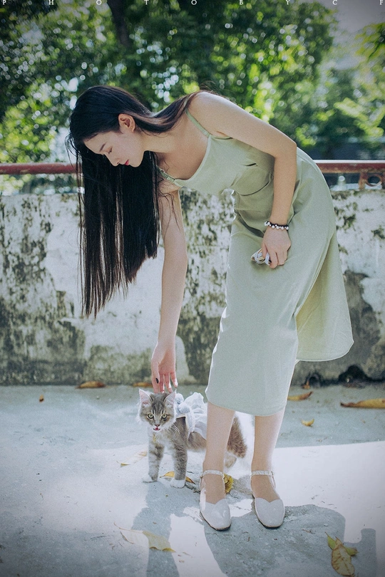 一位穿着绿色连衣裙的年轻女子轻抚一只小猫