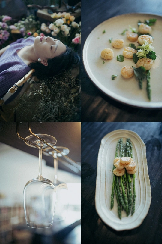 一幅包含一位女士、一盘食物和一些芦笋的照片集。