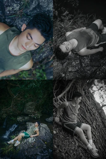 一位女子躺在小溪边的一块岩石上 一个年轻男孩坐在森林中的一棵树下。