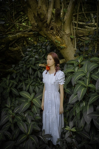 一位穿着白色连衣裙的年轻女子站在森林中 周围有植物和树木。