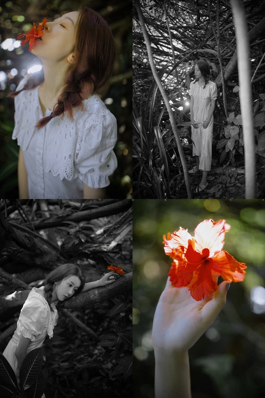 一组年轻女孩手持花朵在森林中的照片