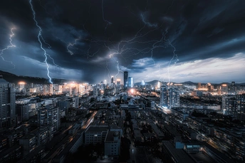 夜晚的城市 天空中闪电