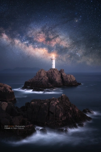 岩石海和夜晚星空中的灯塔